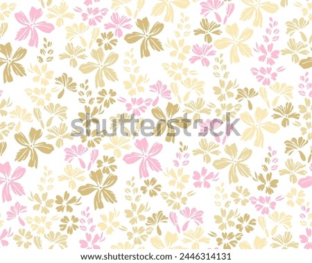 Tiny field buttercup flowers repeat ornament vector design. Millefleurs rustic motif. Rustic chic wallpaper print with flower inflorescences. Forget-me-nots blossom spring print.