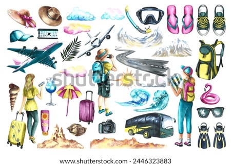 A set with a journey. Tourists and travelers, Clip art with travel and recreation. A hand-drawn watercolor illustration. Isolates. Designed for flyers, banners and postcards. For invitation and poster