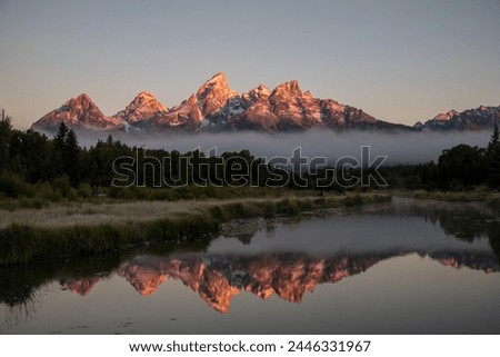 Grand Tetons, Wyoming, USA, Sunrise Landscape, Majestic Peaks, Teton Range, Rocky Mountains, Scenic Beauty, Outdoor Photography, Nature Photography, Golden Hour, Morning Glow, Spectacular View, River Royalty-Free Stock Photo #2446331967