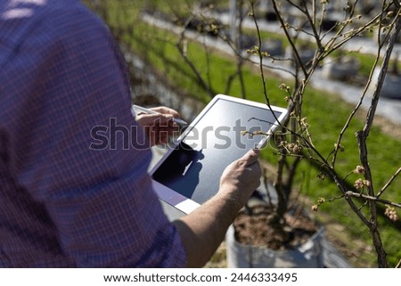 Male in checkered shirt inspecting early spring bud on a young tree with his digital tablet, implying technology meets nature
