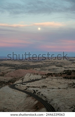 Rural USA, Desert Landscape, Open Road, Sunset, Full Moon, Scenic Beauty, Nature Photography, Rural America, Desert Scenery, Southwest USA, Moonrise, Sunset Views, Twilight Sky, Moonlit Landscape