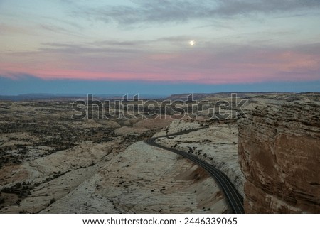 Rural USA, Desert Landscape, Open Road, Sunset, Full Moon, Scenic Beauty, Nature Photography, Rural America, Desert Scenery, Southwest USA, Moonrise, Sunset Views, Twilight Sky, Moonlit Landscape