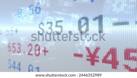 Image of interface screen with financial data and text information moving over white background. communication technology digital interface concept, digitally generated image.