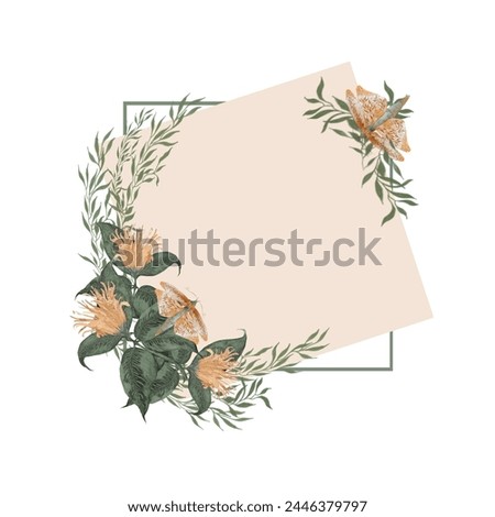 Decorative, hand drawn, floral isolated frame with yellow flowers and green leaves