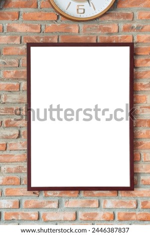 Blank wooden photo frame on brick wall, Mockup picture frame