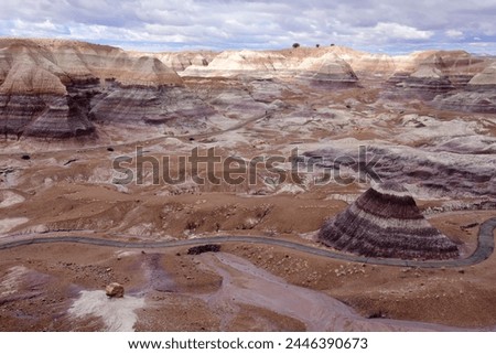 looking down on the blue mesa trail and petrified wood  in  the colorful blue mesa  badlands area of petrified forest national park, arizona, on a stormy winter day Royalty-Free Stock Photo #2446390673