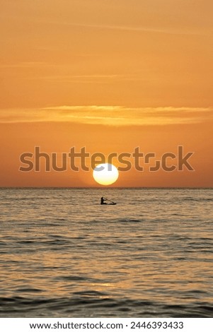 A girl with an oar on a SUP board floats on the sea against the backdrop of the setting sun