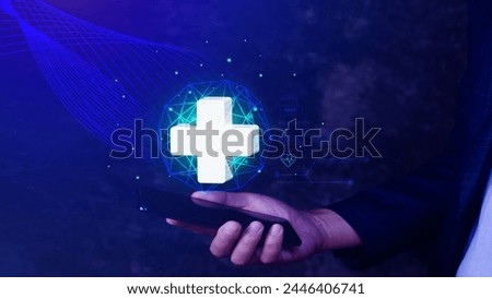 Businessman holding icon for health care medical, icon virtual medical health care with medical network connection, People health care awareness rising growth of medical health and life insurance 