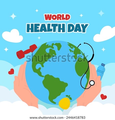 World Health Day Vector. April 7th with Earth and Medical Equipment for the Importance of Healthy and Lifestyle in Doodle Cartoon