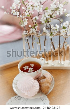 Morning tea with sakura blossoms marshmallows and croissant stand on a wooden tray, beside in test tubes sprigs of sakura blossoms Royalty-Free Stock Photo #2446423123