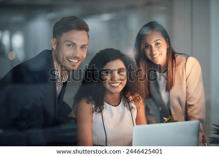 Business people, portrait and teamwork on computer for project collaboration, planning and copywriting in office. Group of women, man or writer and editor working together on laptop in glass window
