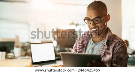 Man, happy and office with tablet for designer work or research for industrial design, innovation and prototypes. Male person, digital technology and cad for systems or creative company and overtime.