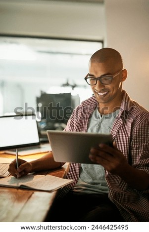 Man, smile and office with tablet for designer work or research for industrial design, innovation and software. Male person, digital technology and cad for systems or creative company and overtime.