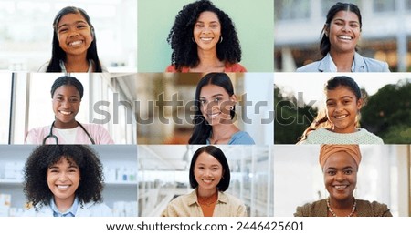 Women, smile and happy with diversity in mosaic for support of community, culture and expression. Female, model and multiethnic in collection of career for decision of education, medical or business