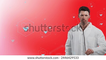 Image of network of medical icons and data processing over caucasian male doctor. Global science, medicine, research, computing and data processing concept digitally generated image.