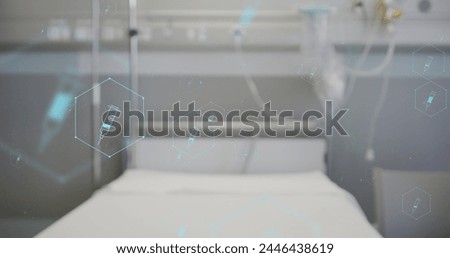 Image of network of medical icons and data processing over hospital bed. Global science, medicine, research, computing and data processing concept digitally generated image.