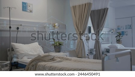 Image of network of medical icons and data processing over hospital bed. Global science, medicine, research, computing and data processing concept digitally generated image.