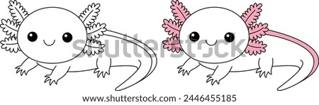 Cute kawaii axolotl cartoon character coloring page, vector printable worksheets for preschool. 