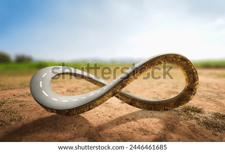 3D rendering of infinity symbol road in adventure route concept. Earth land with asphalt driveway on small green planet and blue sky background. never ending road design advertisement.