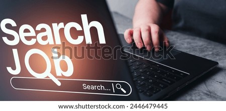 Banner of woman using laptop for browsing work opportunities online using job search app. Recruitment concept. Search Job on internet.