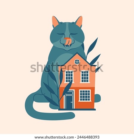 Kawaii illustration with domestic cat, who sitting near with cartoon house with plants, leaves, berries. Cute clip art with pet, animal, building. Sweet home concept. Art for card, banner, sticker.