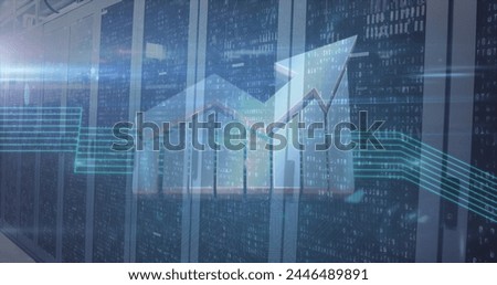 Image of an arrow with blue lines over multiple screens in a server room. digital interface global connections concept digitally generated image.