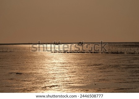 light rays over the sea or ocean at sunset. Hot summer weather at tropical.bamboo sticks stick out of the water,Wooden stick stuck on the beach,old wooden posts.