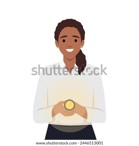 Woman with flashlight smiles and looks at screen recommending using device to light way. Flat vector illustration isolated on white background