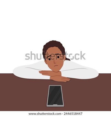 Unhappy woman feel frustrated looking at cellphone waiting for call or message. Upset confused girl distressed with missing notification on smartphone. Flat vector illustration 
