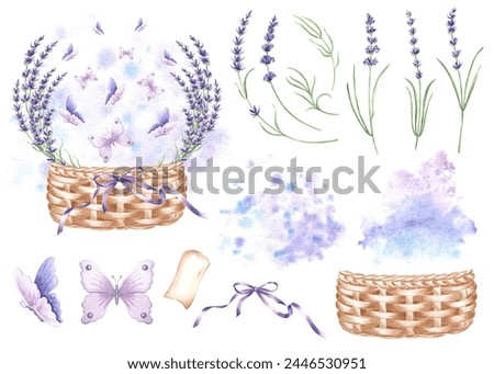 Watercolor set lavender flowers with wicker basket, ribbon bow, butterflies, watercolor stain. Isolated hand drawn illustration. Vintage floral herb template for card, tableware, textile, embroidery.