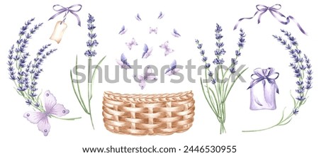 Watercolor set lavender flowers with wicker basket, bag for herb, butterflies. Isolated hand drawn illustration provence bouquet. Vintage floral herb template for card, tableware, textile, embroidery.
