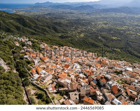 Picturesque village in the mountains of Baunei in Italy, in the region of Sardinia, in the province of Nuoro, aerial view from drone
