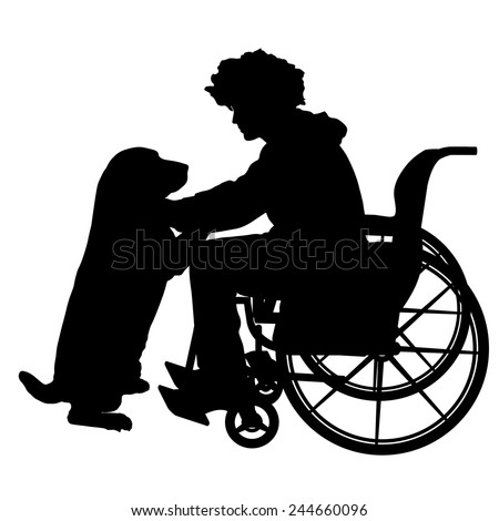 Vector silhouettes man who is in a wheelchair with a dog.