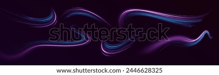 Big data traffic visualization, dynamic high speed data streaming traffic. Purple glowing wave swirl, impulse cable lines. Futuristic dynamic motion technology. Magic of moving fast lines.	

