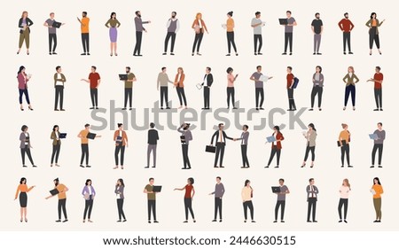 Office businesspeople collection - Large group of diverse business people in various poses at work with computers and devices. Flat design vector illustration set
