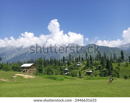 A beautiful picture of landscape with mountains and huts.