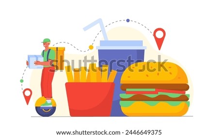 Fast food delivery concept. Courier with box with takeaway eating. Hamburger, soda and french fries. Cafe or catering service. Online shopping and electronic commerce. Cartoon flat vector illustration