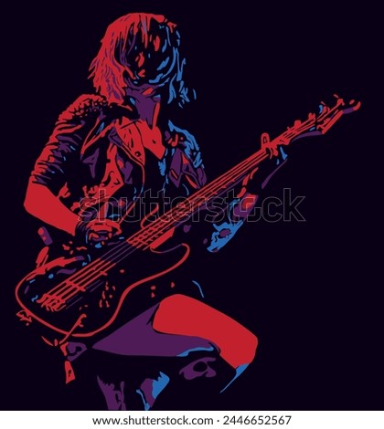 Isolated, high contrast, female rock'n roll singer playing electric guitar. Vector illustration