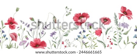 Seamless watercolor border with meadow flowers. Hand drawn floral illustration isolated on white background.
