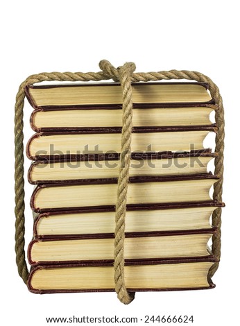 stack of  books tied with rope isolated on white