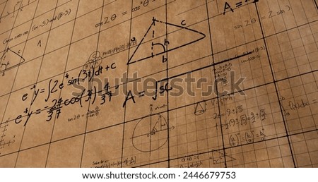 Digital image of mathematical equations and figures moving in the screen with square patterns against a textured brown background image for back to school 4k