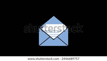 Digital image of a blue message envelope opening to a note inside against a black background 4k