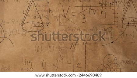 Digital image of mathematical equations and figures moving in the screen against a textured brown background image for back to school 4k