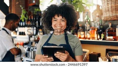 Tablet, restaurant woman and bartender smile for alcohol sales, commerce service or stock sales. Portrait, job experience and small business owner with pride in drinks trade, supply chain or startup