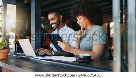 Restaurant, workers and tablet with laptop, remote work and planning strategy for project, online or internet. People, tech and explain for freelance career, copywriter or working on social media