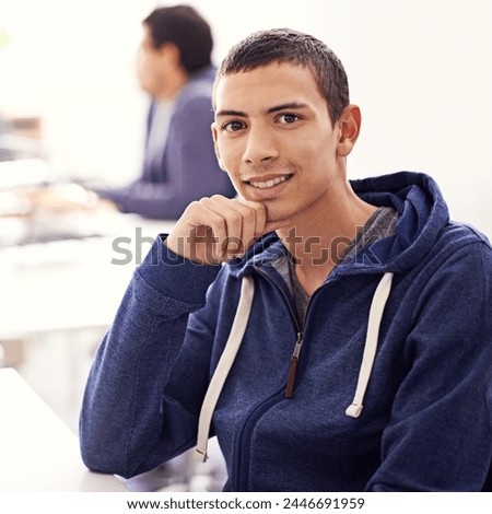 Proud, man and portrait in coding workspace for web development, programming or information technology. Game programmer, worker or online graphic designer in office for planning and startup project
