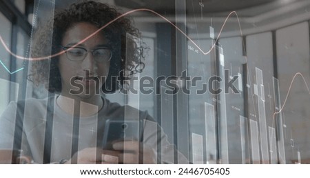 Image of statistics and data processing over man using smartphone. global business, data processing and technology concept digitally generated image.