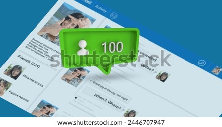 Digital image of a social media account interface and a green message bubble with a profile icon and increasing numbers for social media 4k
