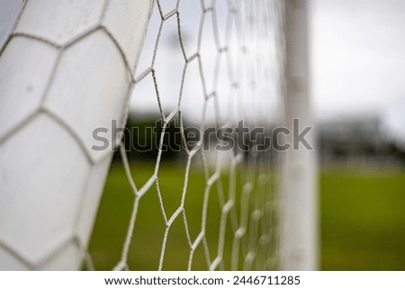 Soccer or football net background. View from behind the goal with blurred stadium and field pitch.