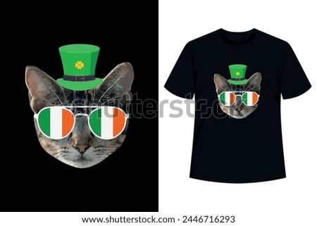 Funny St Patricks Day shirt for men, women and kids featuring a four leaf clover shamrock and a cute peeking cat